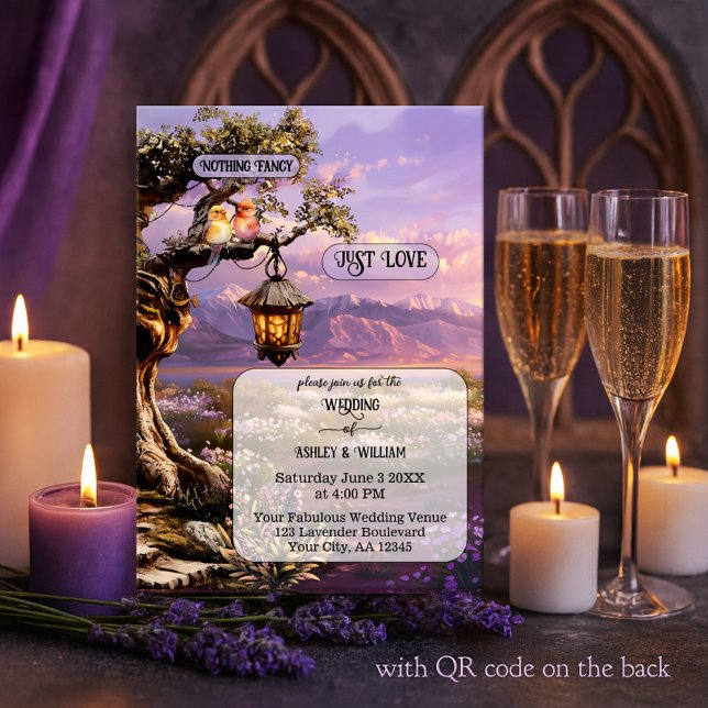Convite Whimsical Artistic Romantic Lavender Wedding (Whimsical wedding invitation featuring a painting of a lavender landscape at sunset with lantern)