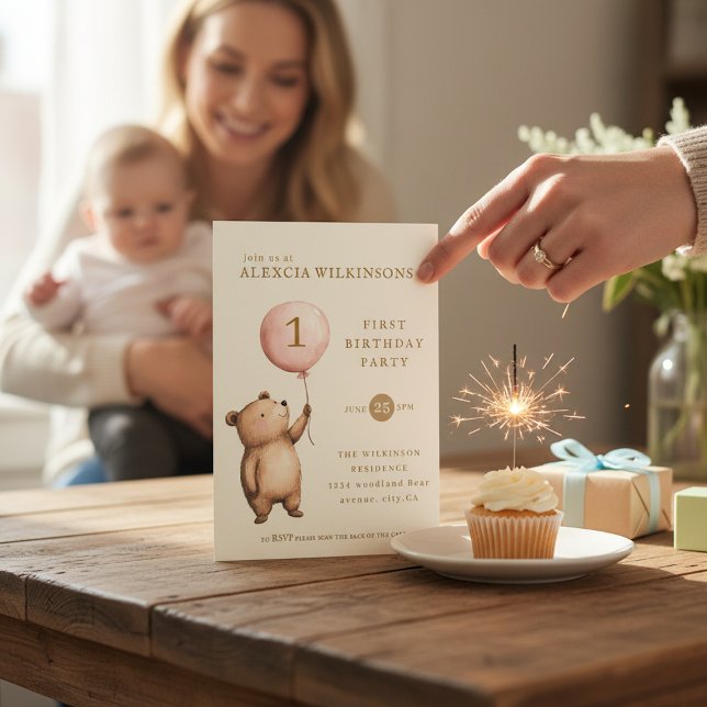 Convite Whimsical Bear "One" Heart Balloon Birthday  (Criador carregado)