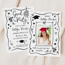 Whimsical Black Doodle Photo Grad Party