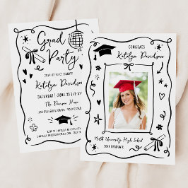 Convite Whimsical Black Doodle Photo Grad Party