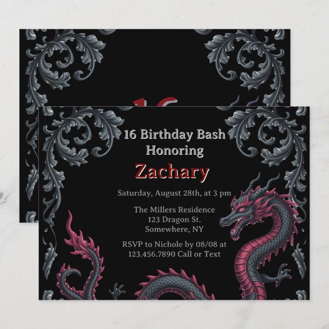 Convite Whimsical Black Red Dragon Damask Sweet 16 Bash (Frente/Verso)
