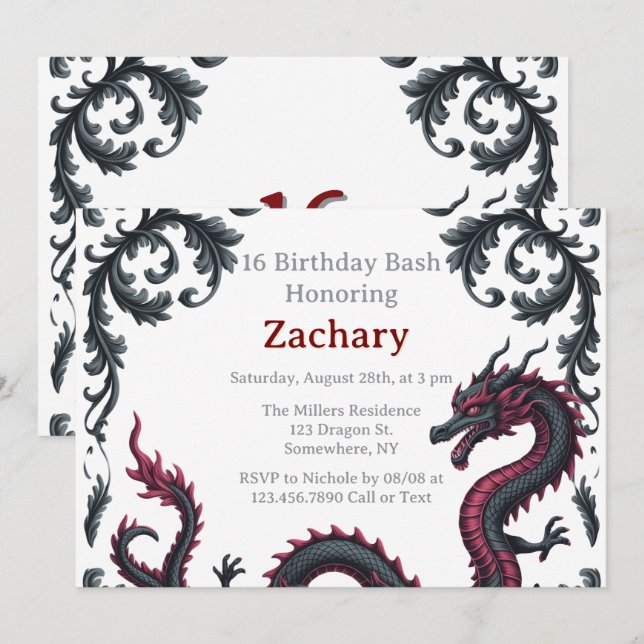 Convite Whimsical Black Red Dragon Damask Sweet 16 Bash (Frente/Verso)