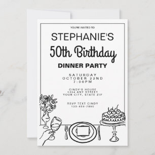Convite Whimsical Black & White 50th Birthday Jantar Party