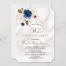 Convite Whimsical Blue Dourado Floral 50º aniversário