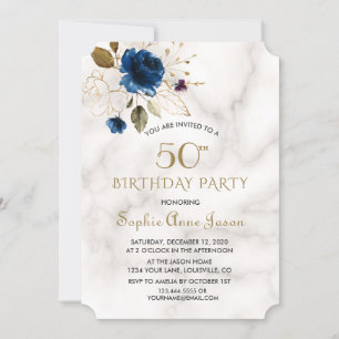 Convite Whimsical Blue Dourado Floral 50º aniversário