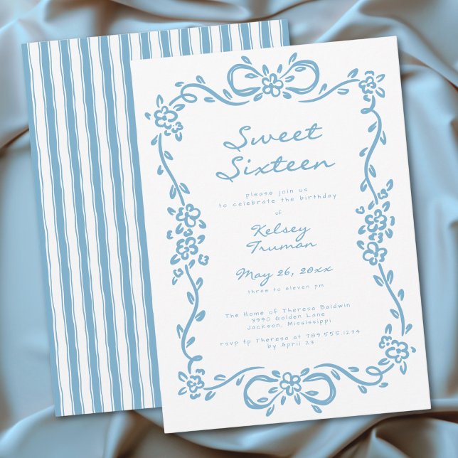 Convite Whimsical Blue Drawn Floral Sweet Sixteen Birthday (Whimsical Blue Drawn Floral Sweet Sixteen Birthday Invitation)