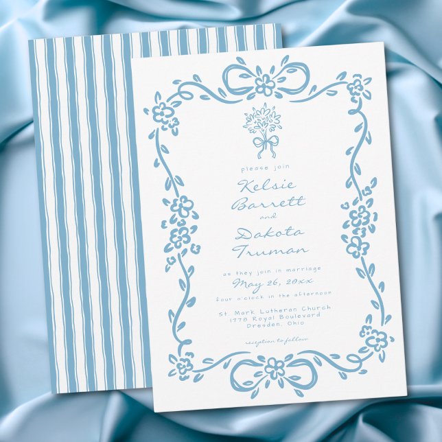 Convite Whimsical Blue Hand Drawn Floral Stripe Wedding (Whimsical Blue Hand Drawn Floral Stripe Wedding Invitation)