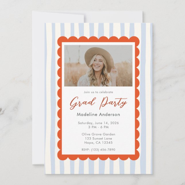 Convite Whimsical Blue Stripes Graduation Party Photo (Frente)