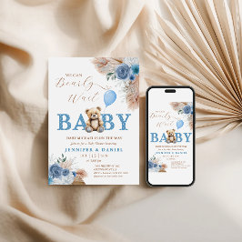 Convite Whimsical Blue Teddy Bear Boho Baby Shower