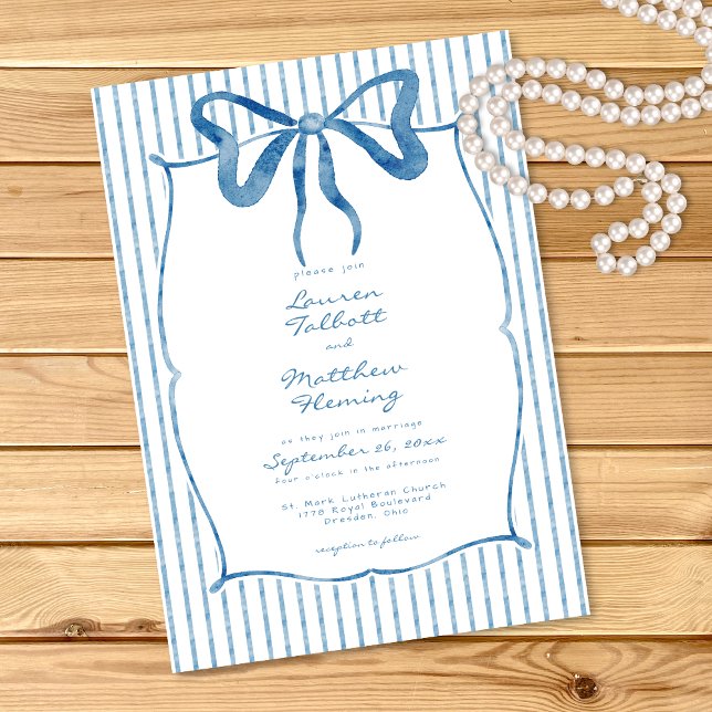 Convite Whimsical Blue Watercolor Bow Stripe Wedding (Criador carregado)