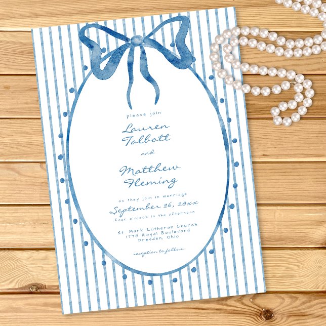 Convite Whimsical Blue Watercolor Bow Stripe Wedding (Criador carregado)