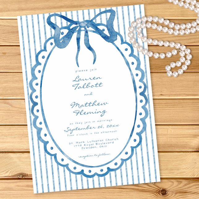 Convite Whimsical Blue Watercolor Bow Stripe Wedding (Criador carregado)