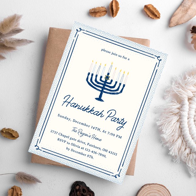 Convite Whimsical Blue & White Hand Drawn Hanukkah Party   (Criador carregado)