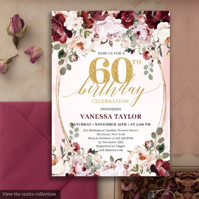 Convite Whimsical Boho Burgundy Floral 60th Birthday Card (Whimsical Boho Burgundy Floral 60th Birthday)