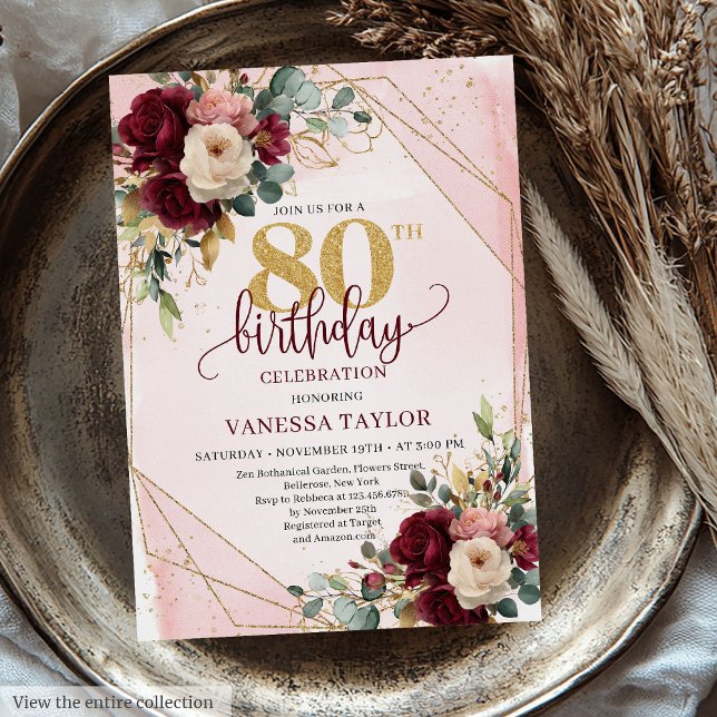Convite Whimsical Boho Merlot Flores Douradas 80 de Aniver (Whimsical Boho Merlot Gold Flowers 80th Birthday Invitation)