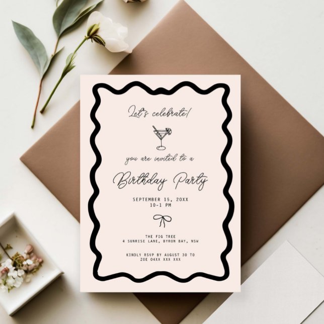 Convite Whimsical Bow cursive border martini birthday  (Criador carregado)