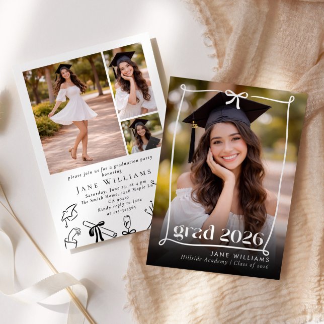 Convite Whimsical Bow Hand drawn Graduation Party Photo (Criador carregado)