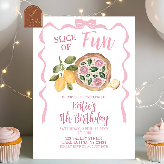 Convite Whimsical Bow Pizza Girl Birthday Party Invitation (Criador carregado)