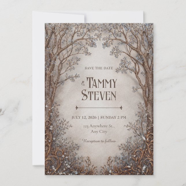 Convite Whimsical Bronze Filigree Forest Wedding (Frente)