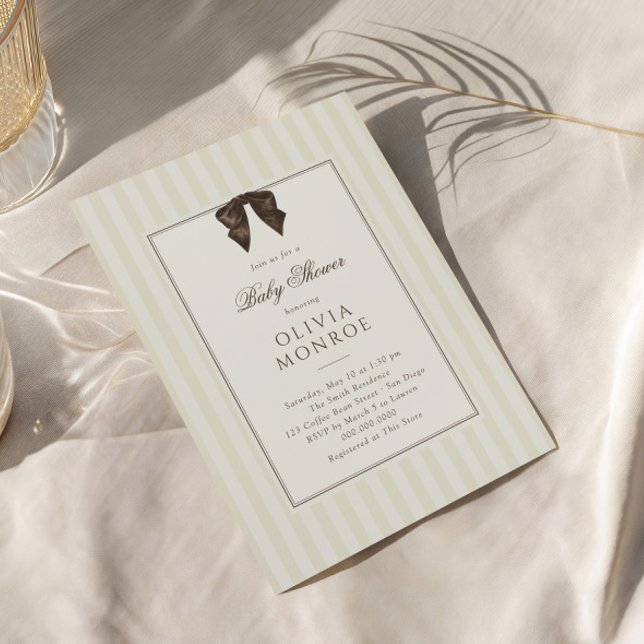 Convite Whimsical Brown Bow Striped Baby Shower (Criador carregado)