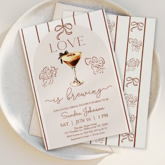 Convite Whimsical Brown Love Está Criando Chá de panela (Love is Brewing Bridal Shower Invitation, Espresso Martini Bridal Shower Invitation Template, 
)