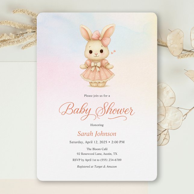 Convite Whimsical Bunny Girl Pink Baby Shower Invitation (Whimsical Bunny Girl Pink Baby Shower Invitation)