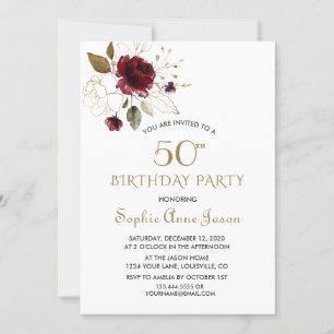 Convite Whimsical Burgundy Dourado Floral 50º Aniversário
