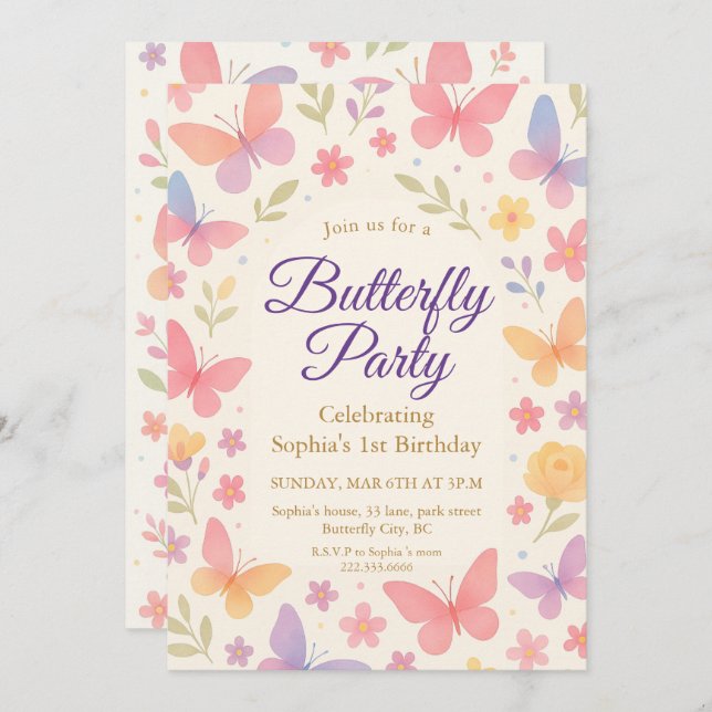 Convite Whimsical Butterfly 1st Birthday Party (Frente/Verso)