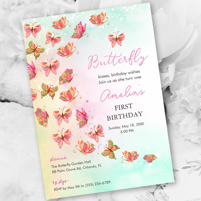 Convite Whimsical Butterfly Baby Girl 1st Birthday Invite (Whimsical Butterfly Baby Girl 1st Birthday Invitation)