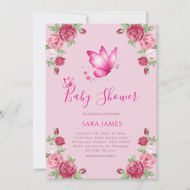 Convite Whimsical Butterfly & Rose Baby Shower Invitation (Frente)
