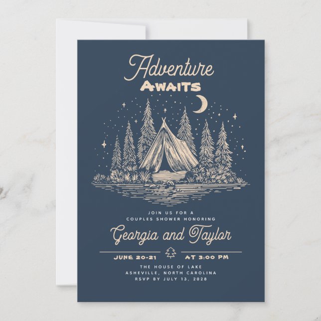 Convite Whimsical Camping Couples Shower Adventure Awaits  (Frente)