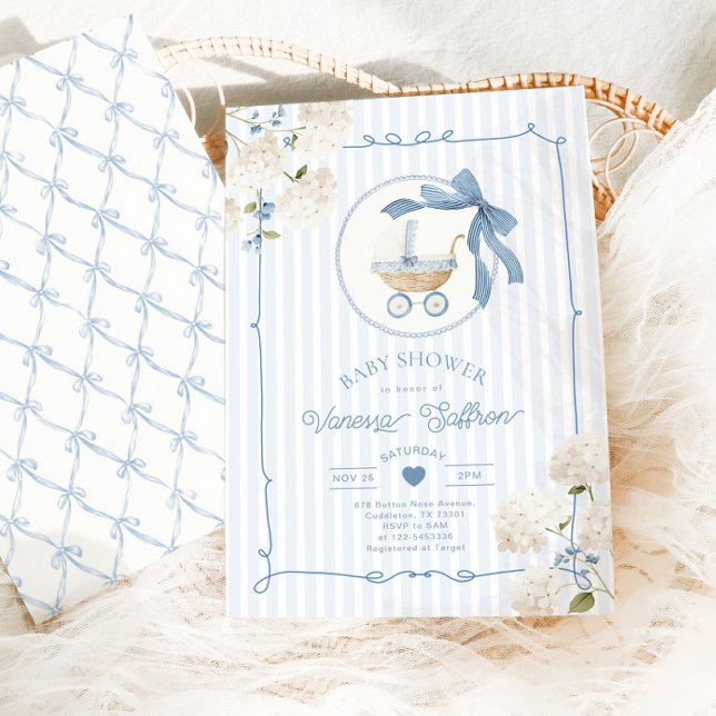 Convite Whimsical Carriage French nursery Blue Baby shower (Criador carregado)