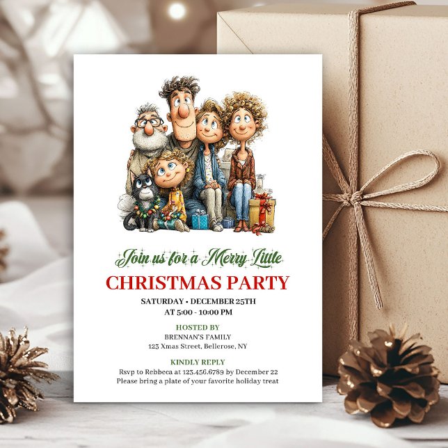 Convite Whimsical Cartoon Family Red Green Holiday Invite (Whimsical Cartoon Family Red Green Holiday Invite)
