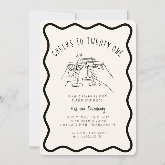 Convite Whimsical Cheers to 21 Festa de aniversário (Frente)
