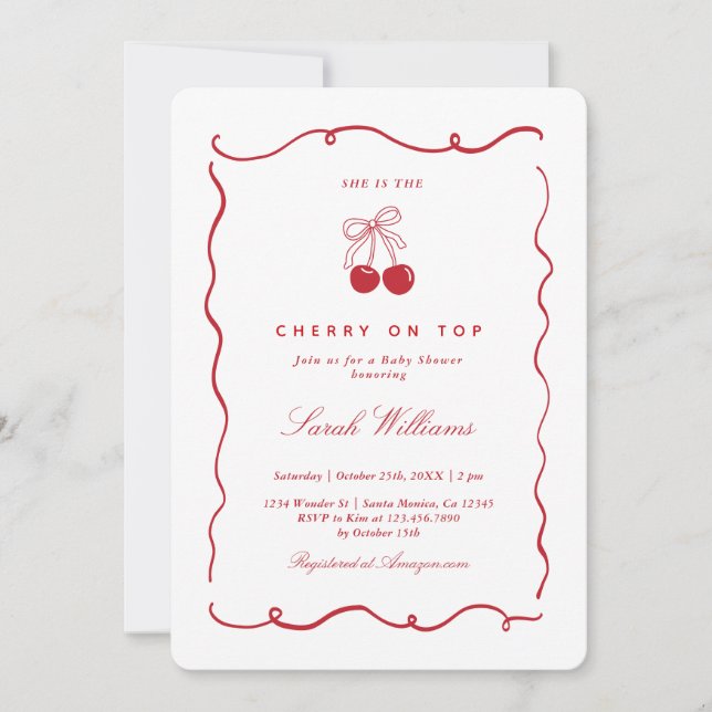 Convite Whimsical Cherry on Top Baby Shower Girl (Frente)