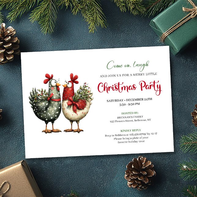 Convite Whimsical Chickens Cartoon Christmas Party Invites (Whimsical Chickens Cartoon Christmas Party Invitation)