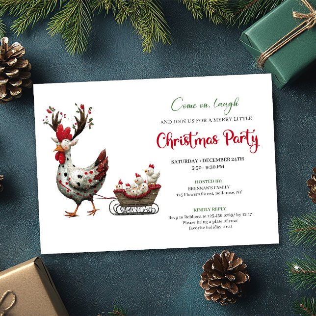 Convite Whimsical Chickens Minimalist Christmas Party Card (Whimsical Chickens Minimalist Christmas Party Card)