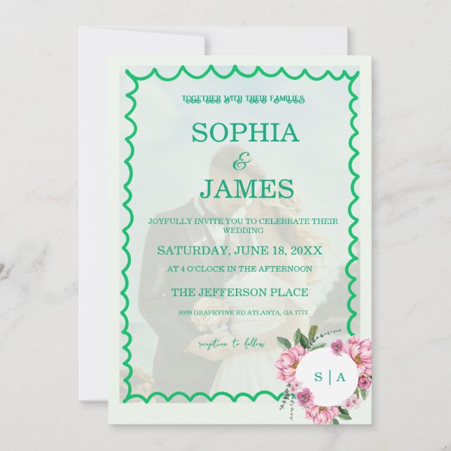 Convite Whimsical Citrus Green & flower Wedding  (Frente)