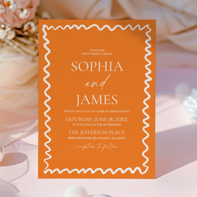 Convite Whimsical Citrus Orange Wavy Border Wedding (Criador carregado)