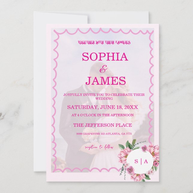 Convite Whimsical Citrus pink & flower Wedding  Invitatio (Frente)