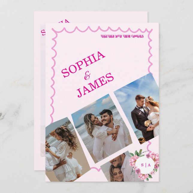 Convite Whimsical Citrus pink & Photo Collage Wedding (Frente/Verso)