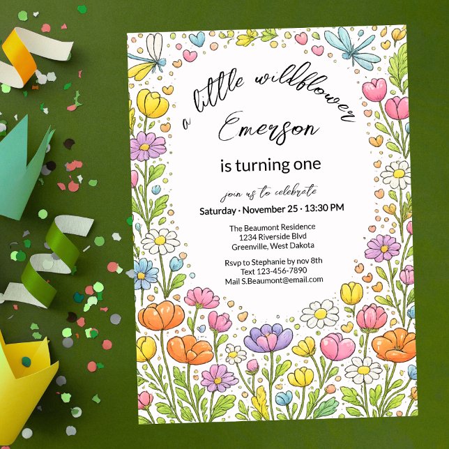 Convite Whimsical Colorful Little Wildflower 1st Birthday  (Criador carregado)
