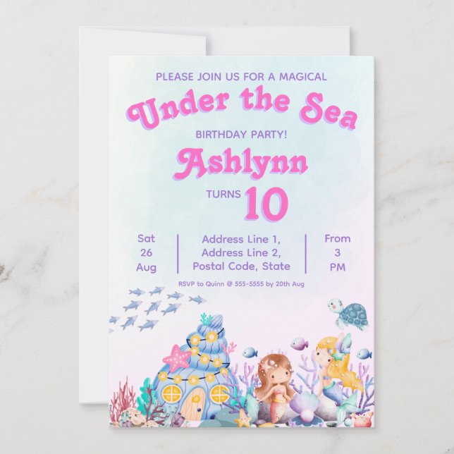 Convite Whimsical Cute Girl Under the Sea Mermaid Birthday (Frente)