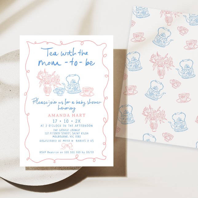 Convite Whimsical Desenhou Chá Com A Mãe Para Ser Chá de f (Whimsical Hand Drawn Illustration Baby Shower Invitation, Baby Pink Blue Tea Baby Shower Invitation)