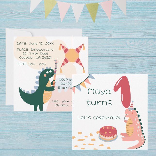 Convite Whimsical dinosaur birthday piñata age 1 neutral (Criador carregado)