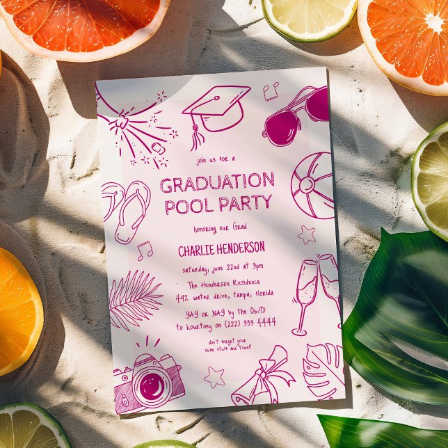 Convite Whimsical Doodle Graduation Pool Party  (Criador carregado)