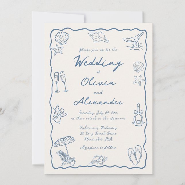 Convite Whimsical Doodle Hand Drawn Coastal Beach Wedding (Frente)