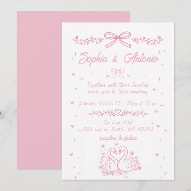 Convite Whimsical Doodle Hand Drawn Pink Swans Wedding (Frente/Verso)