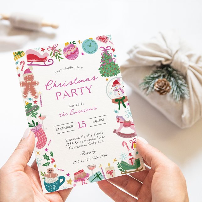 Convite Whimsical Doodles Christmas Party (Holiday Colorful Whimsical Doodles Christmas Party Invitation by Painted Paperie
)