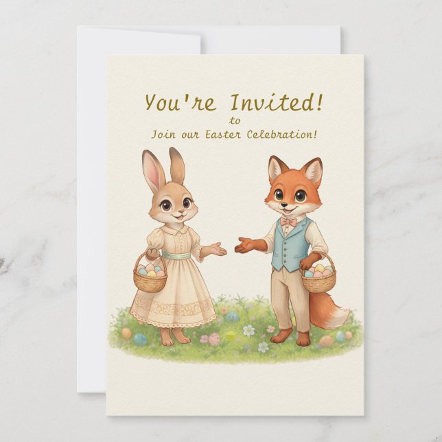 Convite Whimsical Easter Bunny & Fox Party Invitation (Frente)
